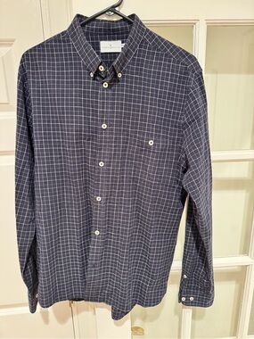 Slim Fit Dark Blue Windowpane Button-Down Shirt